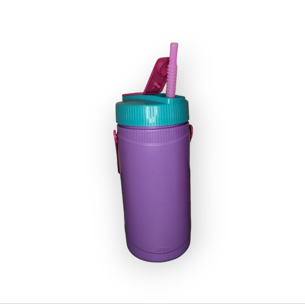 THERMOS‎ COLOR BLOCK PURPLE/PINK/TEAL WATER JUG W/HANDLE & STRAW VINTAGE